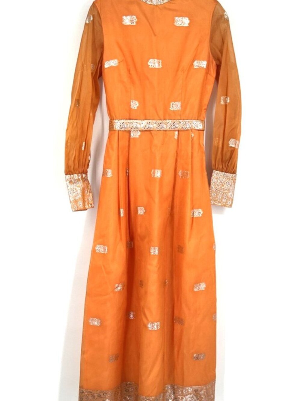 Alfred Shaheen Maxi Dress Orange Silver Sz M Boho Cottagecore